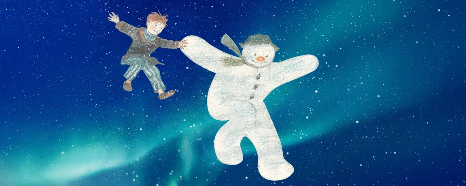 The Snowman and the boy flying in Raymond Briggs’s illustration; © Snowman Enterprises Limited 2026