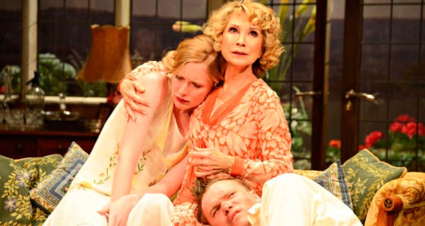 Alice Orr-Ewing, Felicity Kendal and Edward Franklin in Hay Fever at the Duke Of York's Theatre