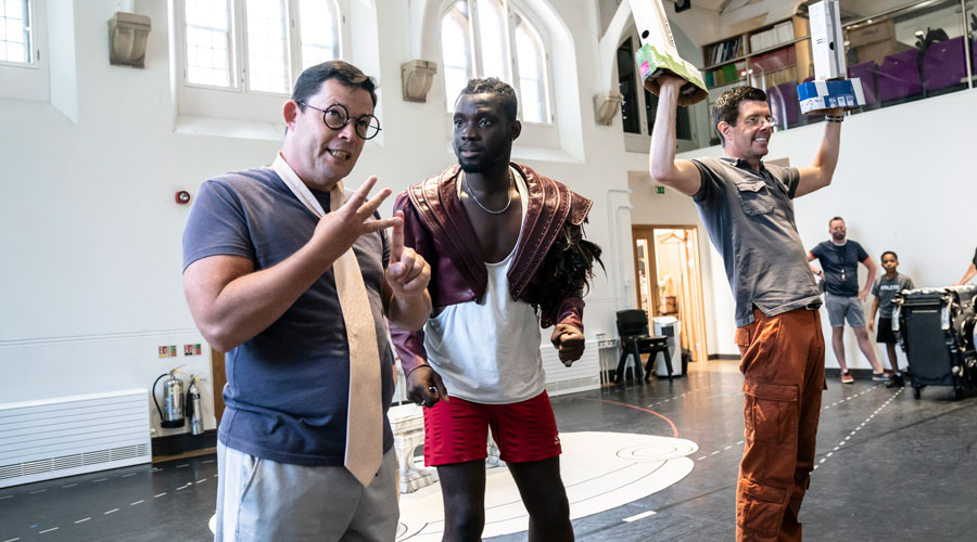 Nigel-Richards-as-Cogsworth,-Emmanuel-Kojo-as-Beast-and-Gavin-Lee-as-Lumiere-in-Disney’s-Beauty-and-the-Beast-rehearsals.-Photo—Johan-Persson-©Disney